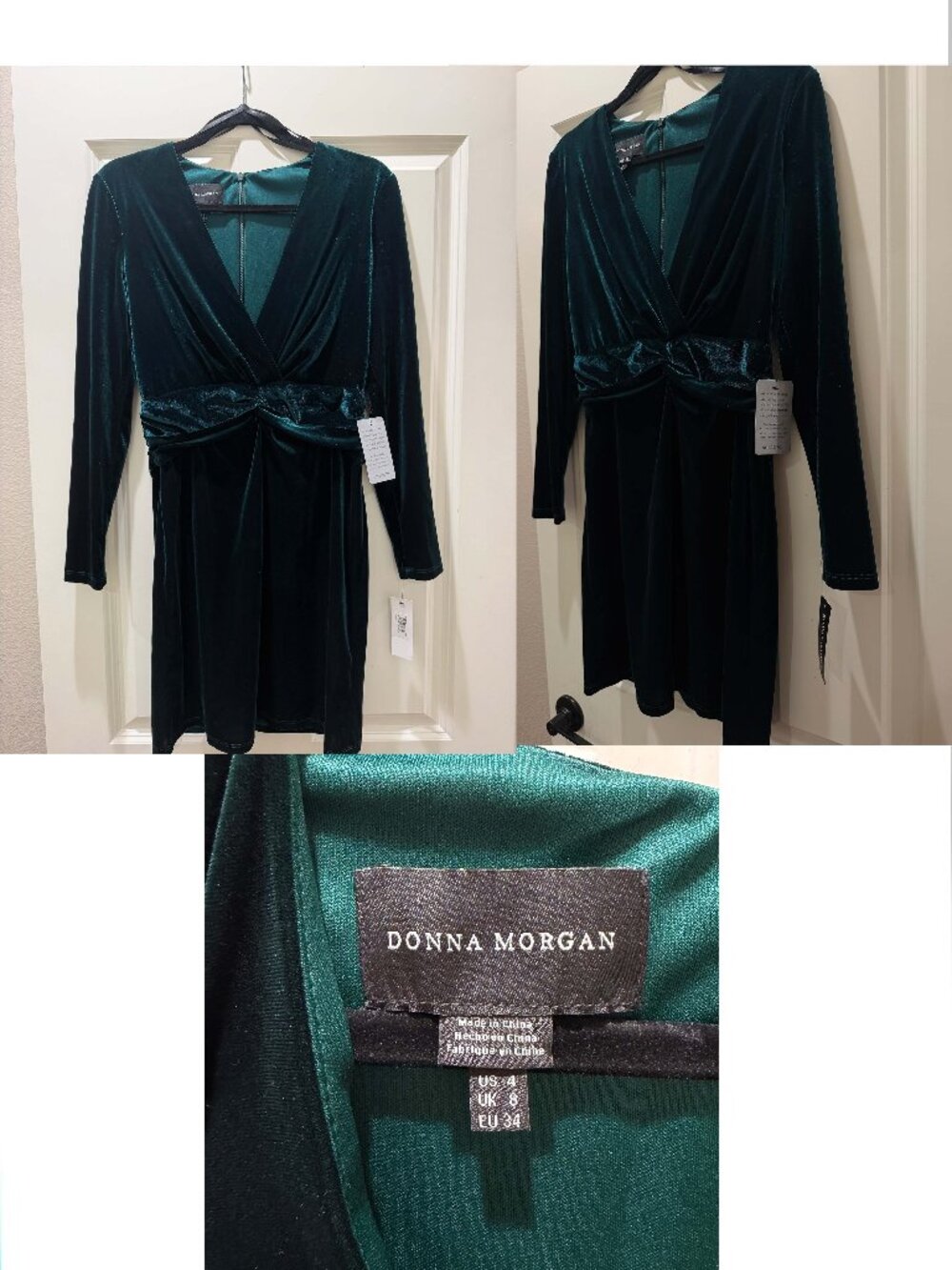 💚 Donna Morgan NWT Emerald Green Velvet Long Sleeve V-Neck Twist Waist Dress Si